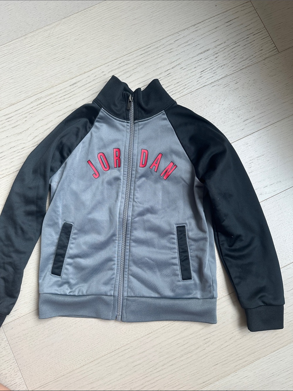 Jordan Kids Grey and Black Zip-Up Hoodie with Red Logo